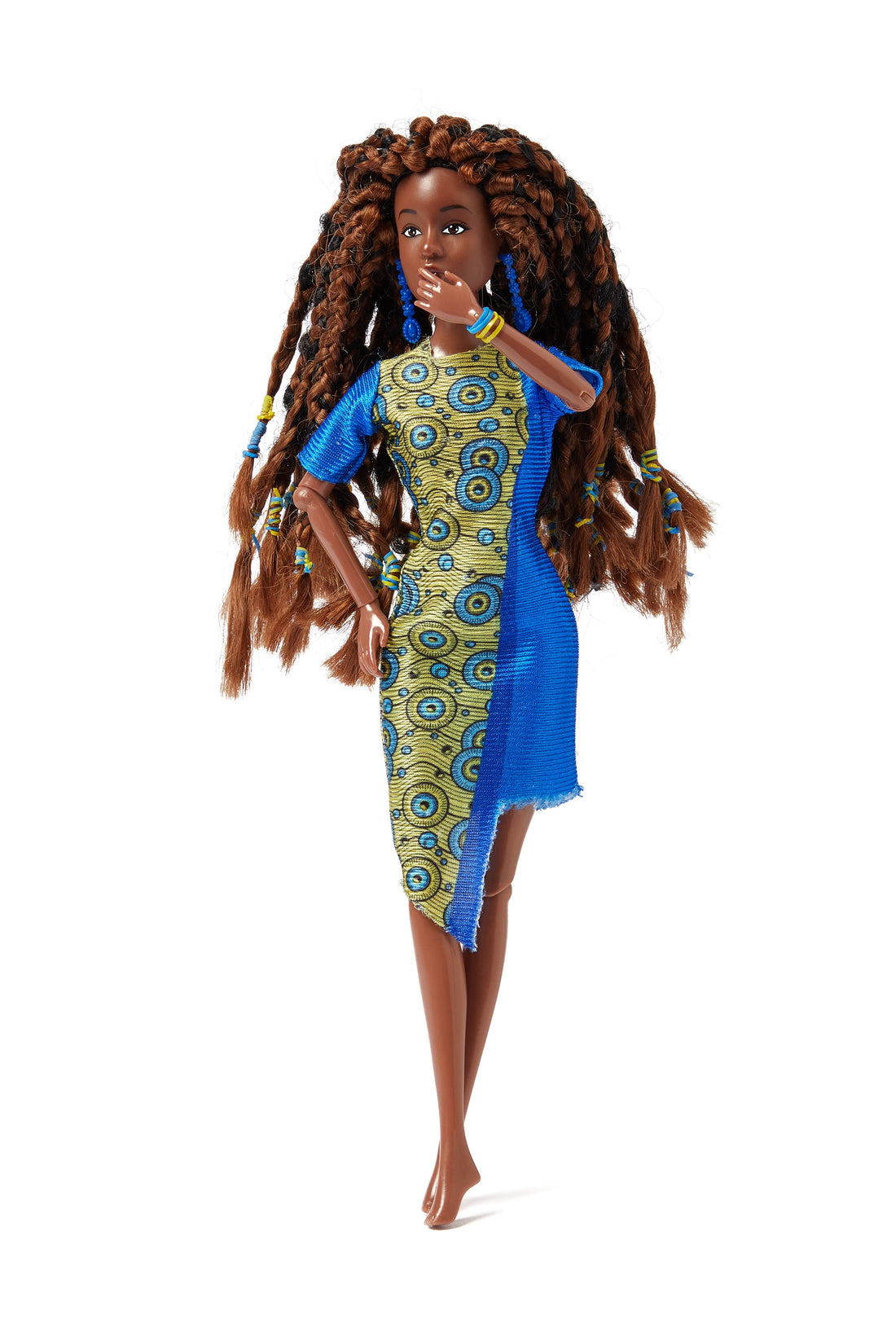 Kiraa Black princess doll with handmade braids wearing a blue and gold African print dress