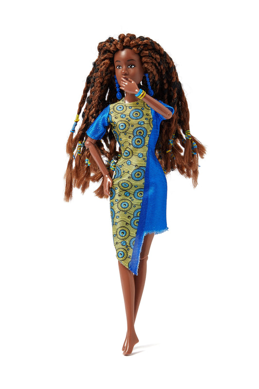 Kiraa Black princess doll with handmade braids wearing a blue and gold African print dress