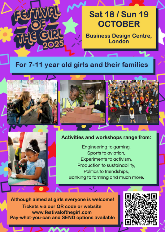 Festival of the Girl 2025 flyer promoting event for girls and families in London.