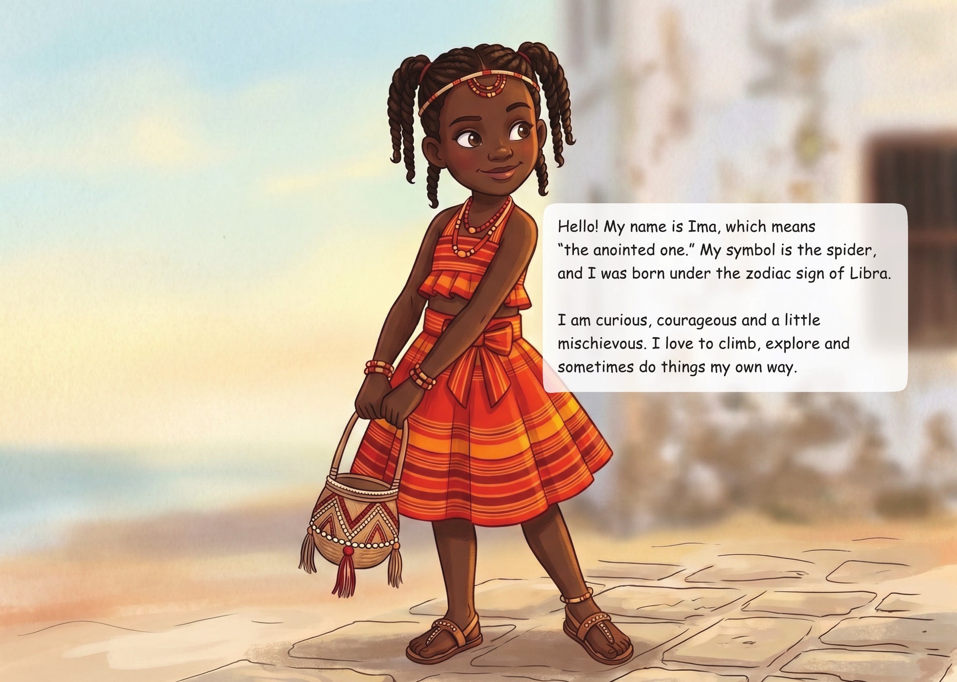 Interior book page showing Ima on the Swahili Coast beside text introducing her curious and courageous character.
