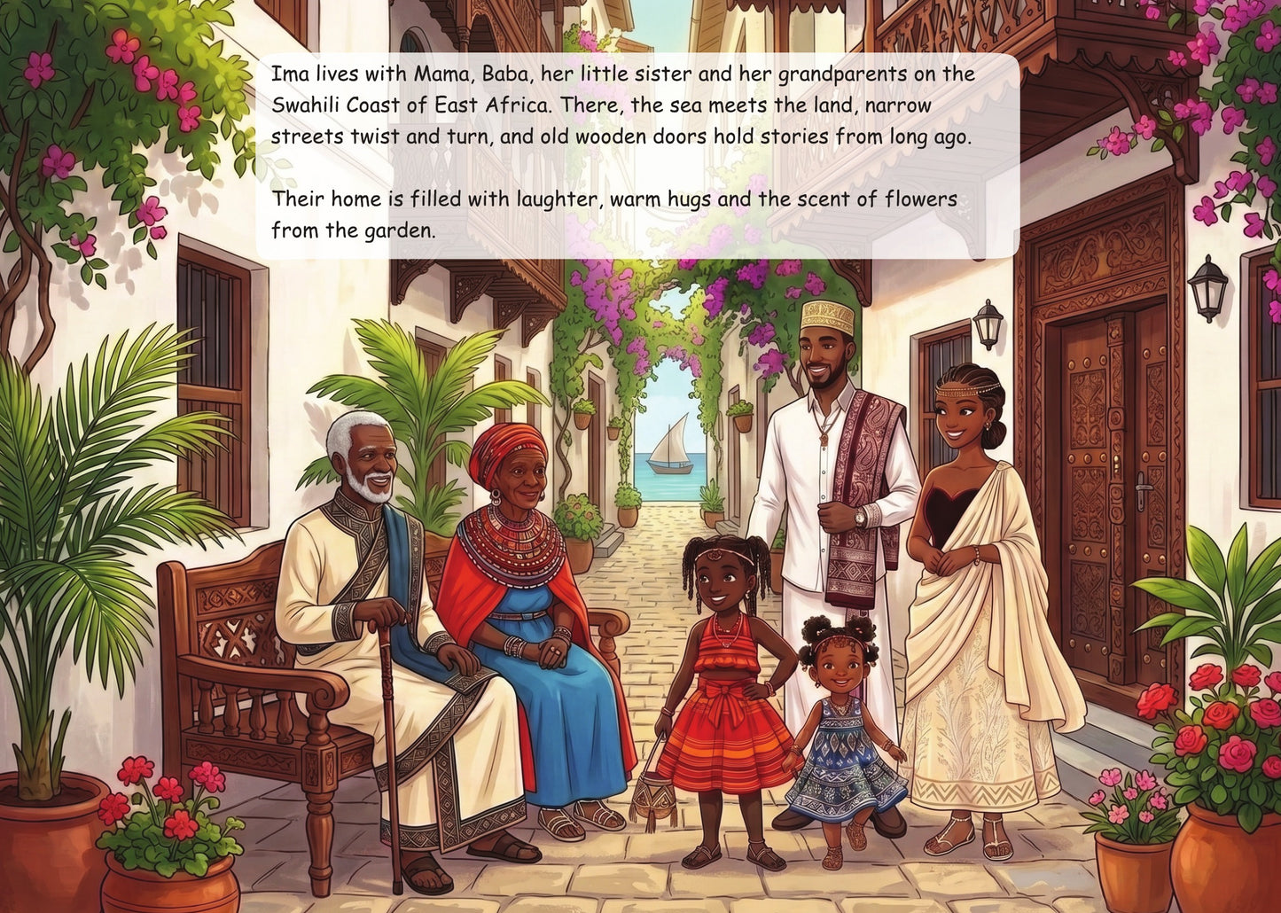 Interior book page showing Ima with her parents, younger sister and grandparents at their Swahili Coast home.
