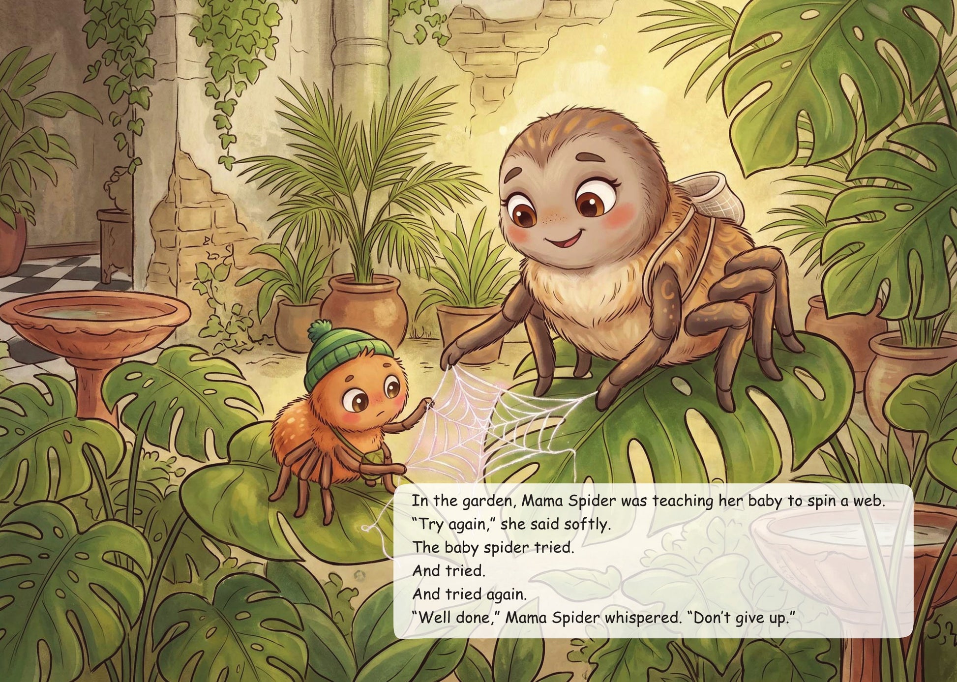 Interior story page showing Mama Spider encouraging her baby spider to keep trying as it learns to spin a web.
