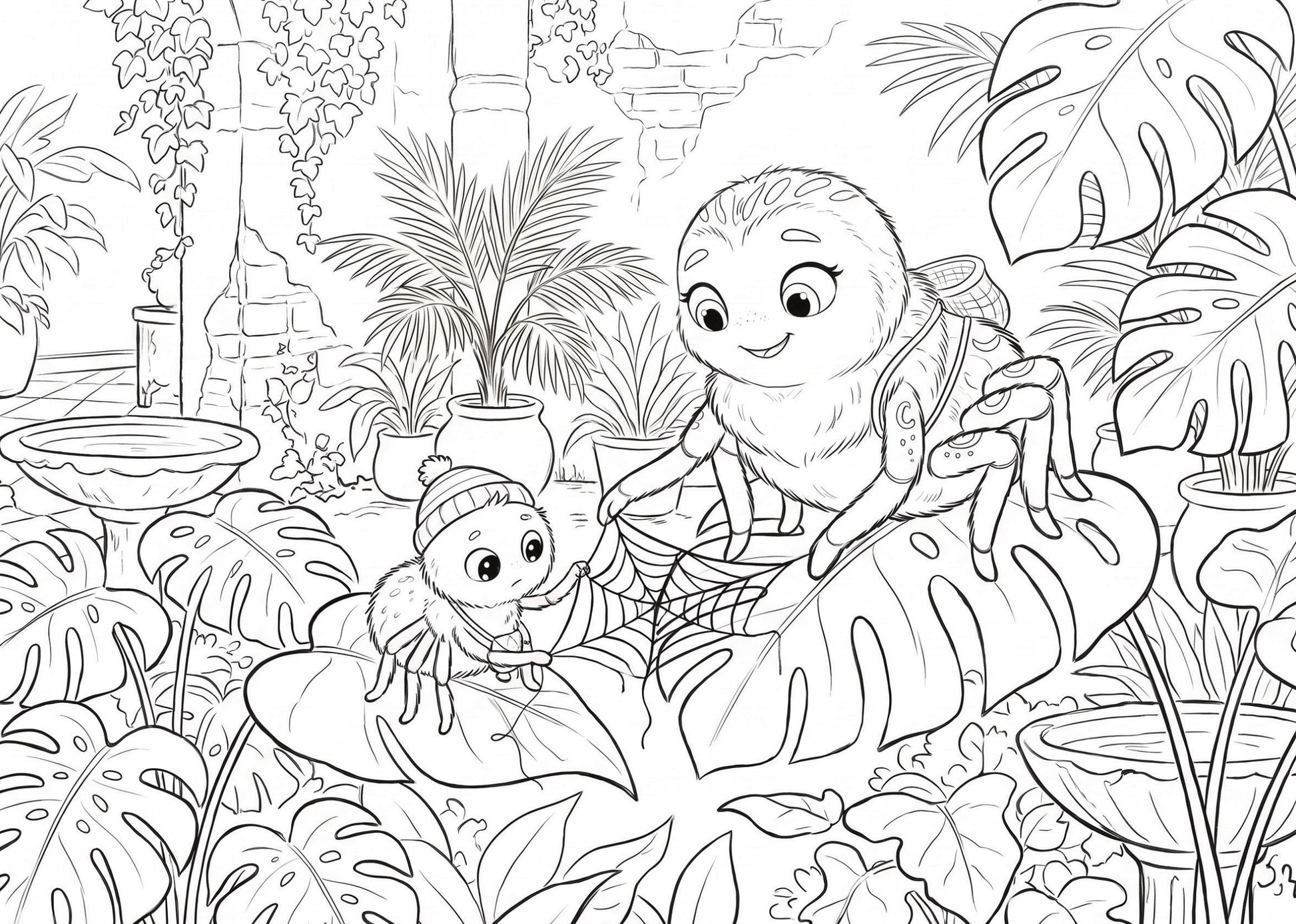 Black-and-white colouring page showing Mama Spider teaching her baby spider to spin a web among tropical plants.
