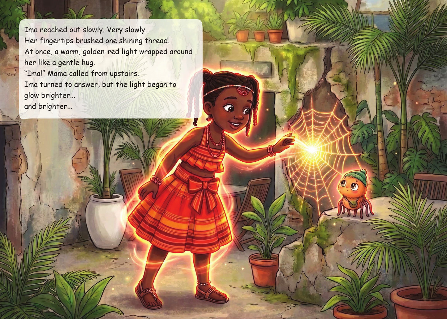 Interior story page showing Ima touching a glowing spider web as magical golden light surrounds her.
