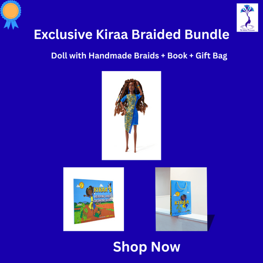 Exclusive Kiraa Doll with handmade braids, dressed in African print dress – empowering Black princess doll.