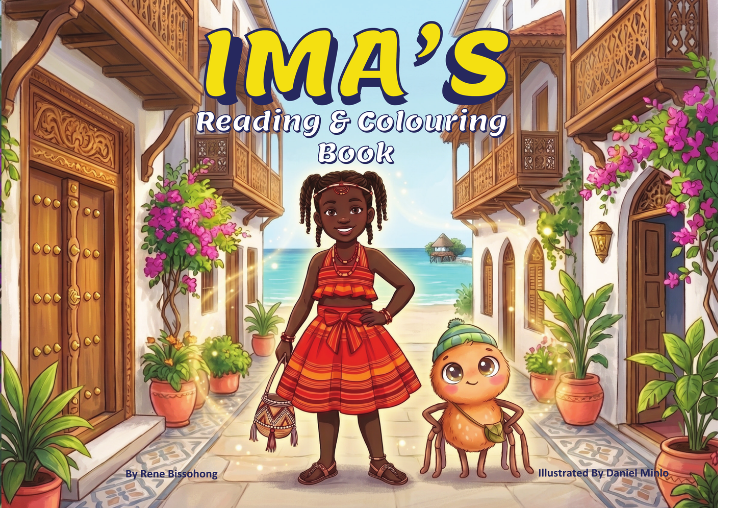 Cover of Ima’s Reading & Colouring Book showing Ima and a friendly baby spider on the Swahili Coast of East Africa.
