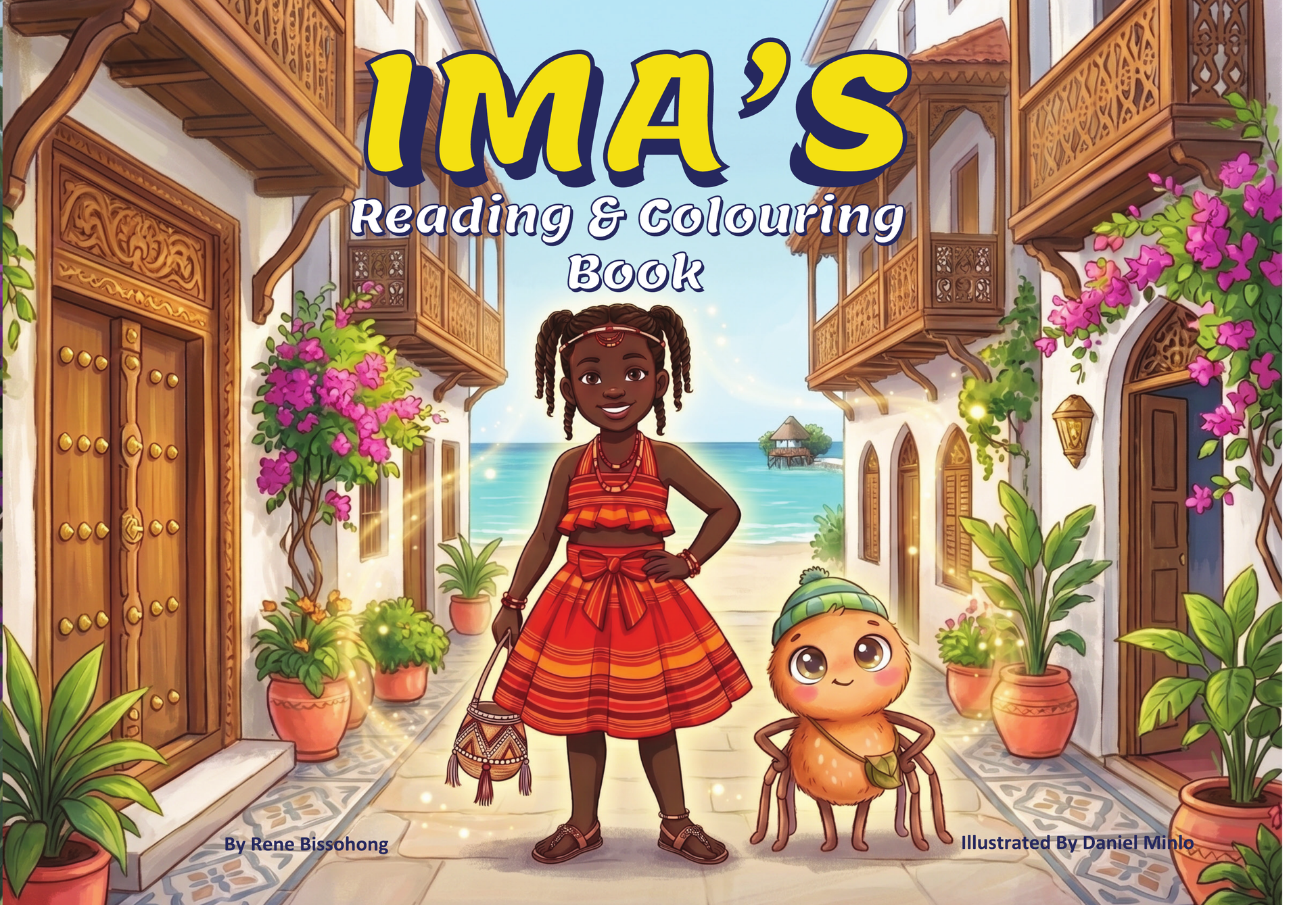 Cover of Ima’s Reading & Colouring Book showing Ima and a friendly baby spider on the Swahili Coast of East Africa.
