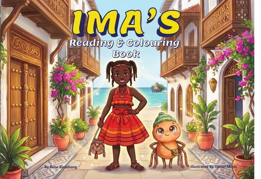Cover of Ima’s Reading & Colouring Book showing Ima and a friendly baby spider on the Swahili Coast of East Africa.

